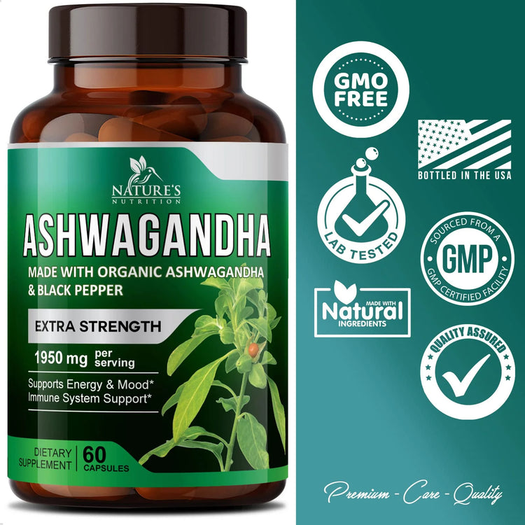 Organic Ashwagandha 1,950 Mg - Extra Strength Unwind, Calm & Relax Support with Bioperine - Natural Focus & Energy Support Supplement - Nature&