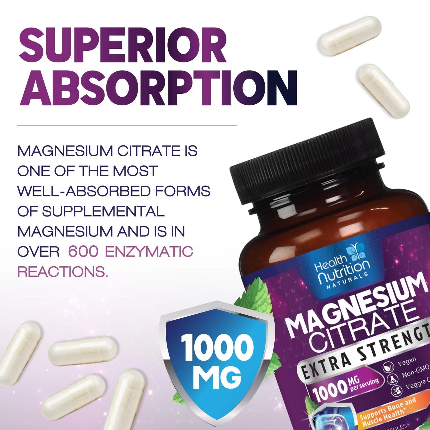 Magnesium Citrate Capsules 1000Mg - Max Absorption Magnesium Powder for Muscle, Nerve, Bone and Heart Health Support, High Absorption Citrate Complex, Gluten Free, Non-Gmo - 60 Capsules
