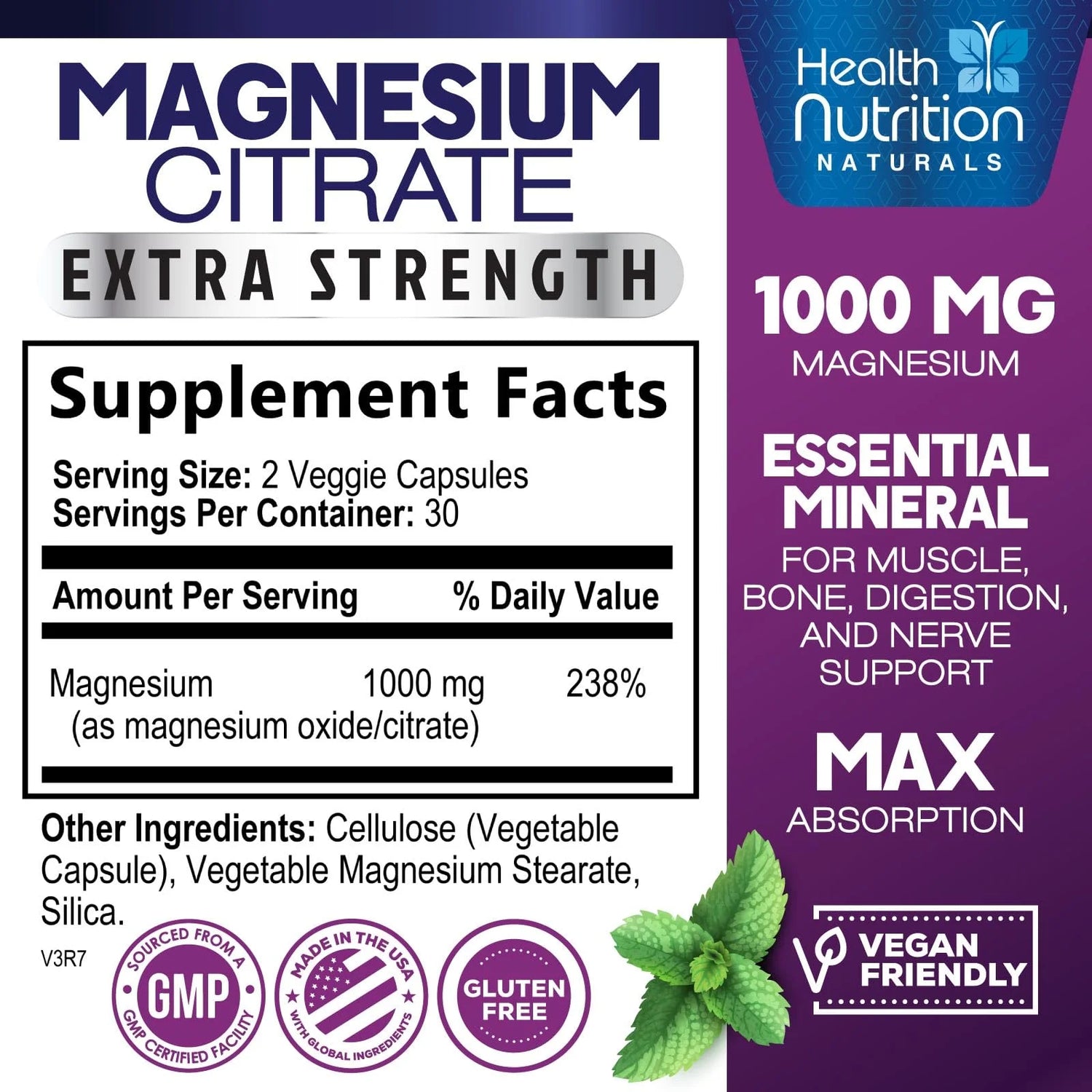Magnesium Citrate Capsules 1000Mg - Max Absorption Magnesium Powder for Muscle, Nerve, Bone and Heart Health Support, High Absorption Citrate Complex, Gluten Free, Non-Gmo - 60 Capsules