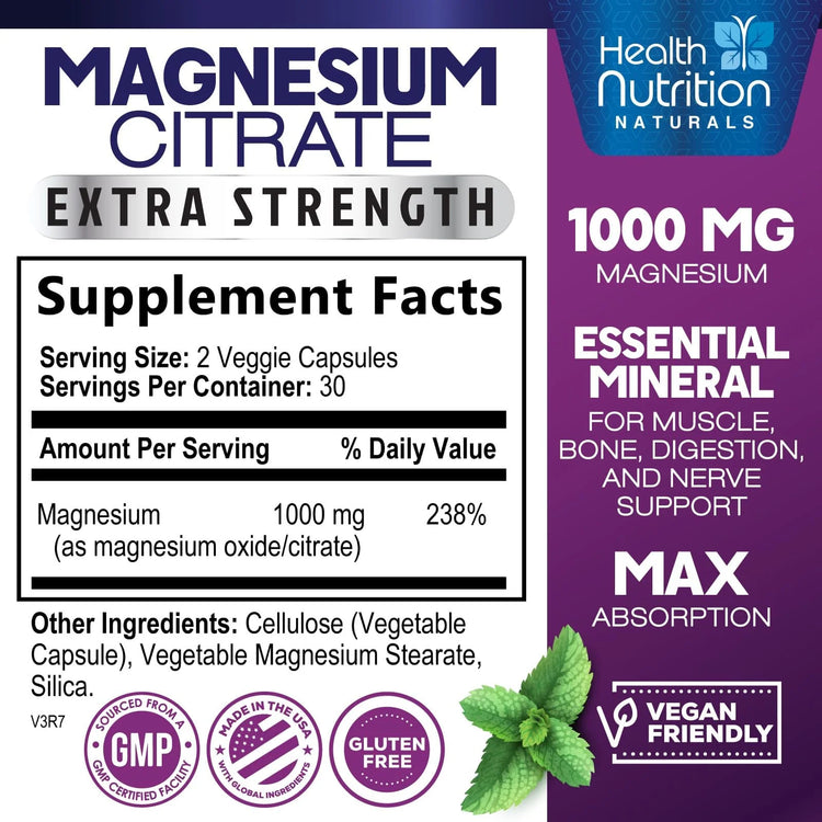 Magnesium Citrate Capsules 1000Mg - Max Absorption Magnesium Powder for Muscle, Nerve, Bone and Heart Health Support, High Absorption Citrate Complex, Gluten Free, Non-Gmo - 60 Capsules