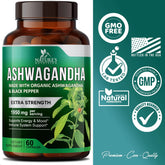 Organic Ashwagandha 1,950 Mg - Extra Strength Unwind, Calm & Relax Support with Bioperine - Natural Focus & Energy Support Supplement - Nature&