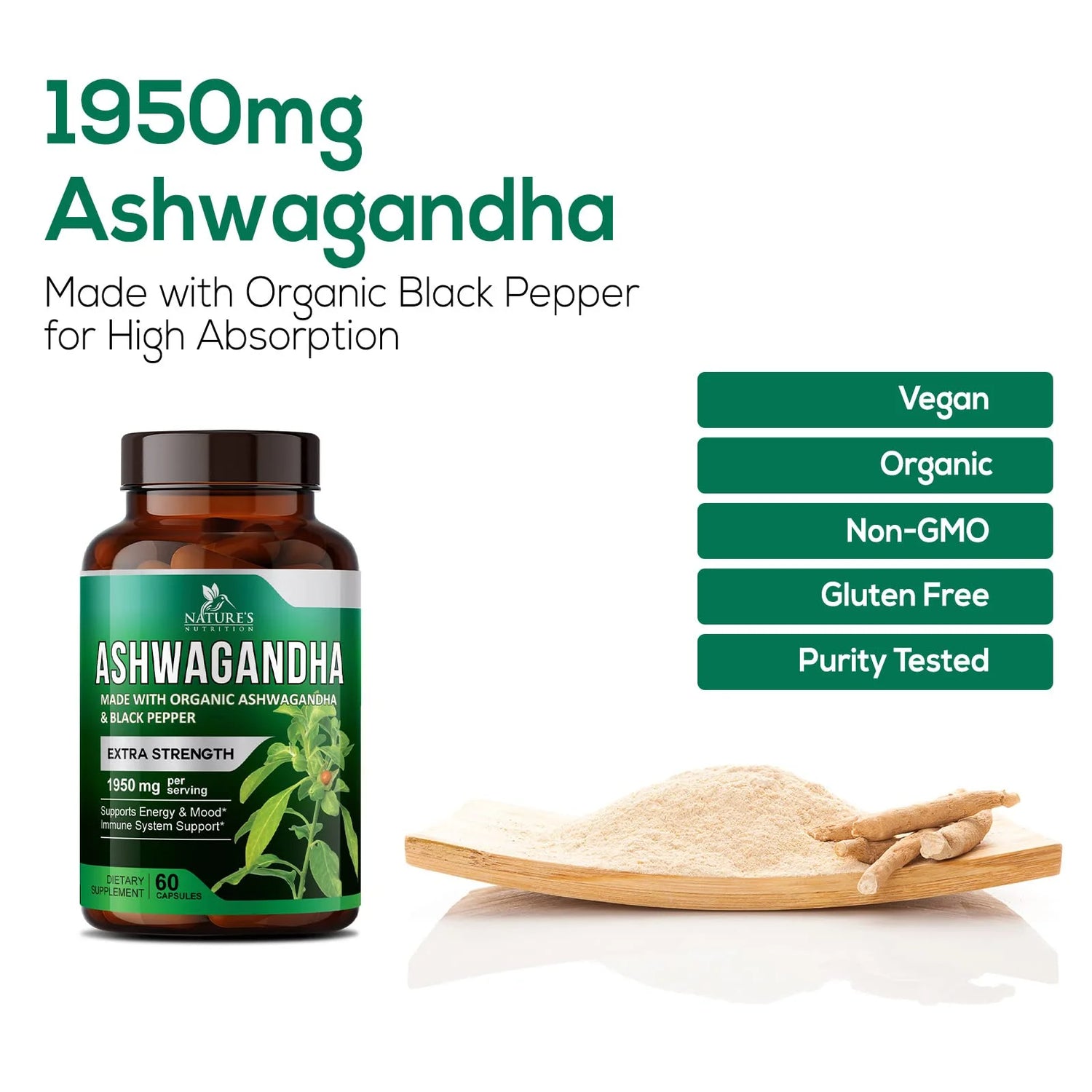 Organic Ashwagandha 1,950 Mg - Extra Strength Unwind, Calm & Relax Support with Bioperine - Natural Focus & Energy Support Supplement - Nature&