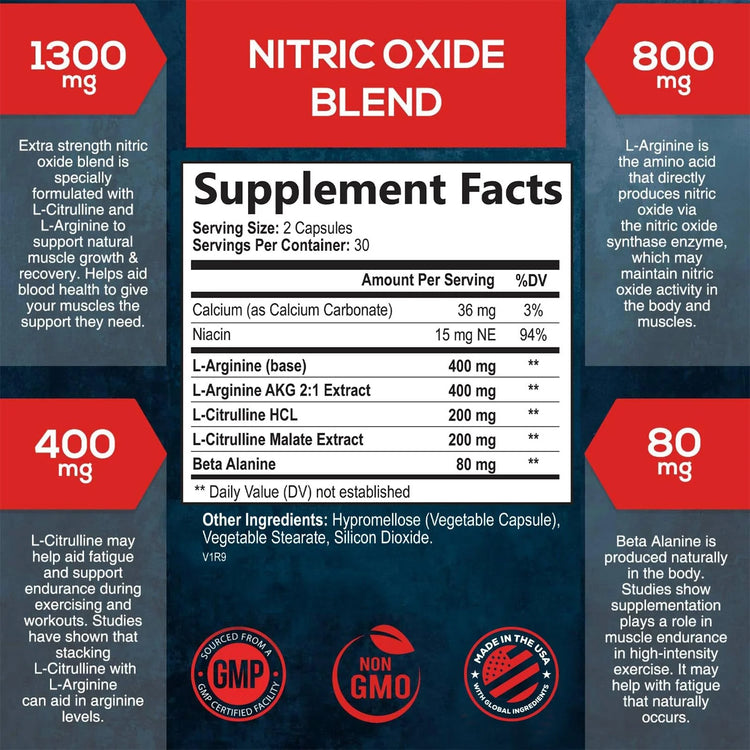 Extra Strength Nitric Oxide Supplement 3X Strength L Arginine, Citrulline Malate, AAKG, Beta Alanine - Premium Muscle Supporting Nitric Booster - Natural Energy & Heart Health Support - 60 Capsules
