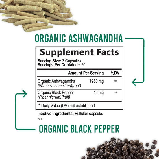 Organic Ashwagandha 1,950 Mg - Extra Strength Unwind, Calm & Relax Support with Bioperine - Natural Focus & Energy Support Supplement - Nature&
