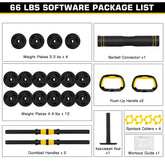 66 Lbs Adjustable Weight Dumbbell Barbell Set, 4-In-1 Free Weight Combination with Curved Bar Connector for Women Men Workout Fitness, Yellow