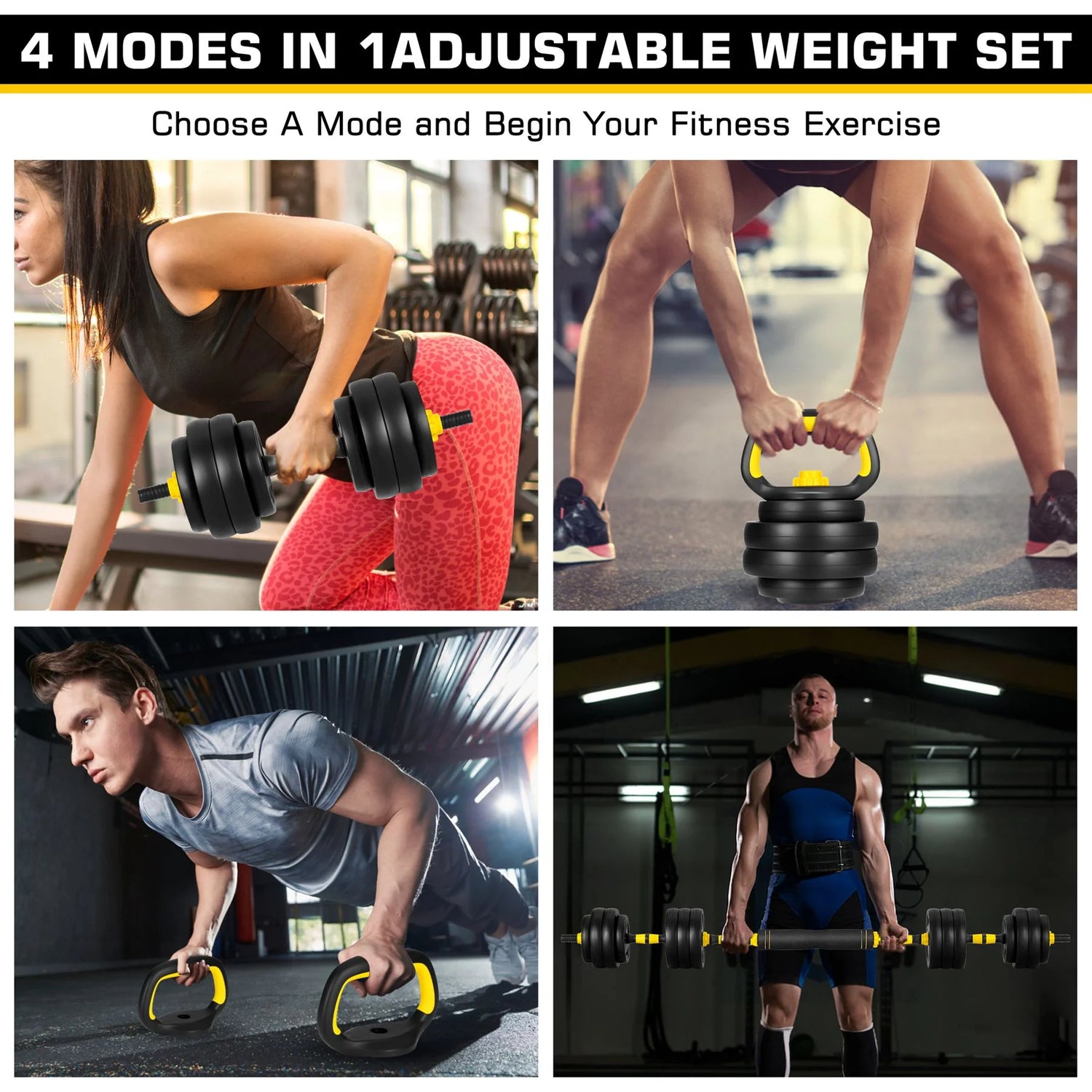 66 Lbs Adjustable Weight Dumbbell Barbell Set, 4-In-1 Free Weight Combination with Curved Bar Connector for Women Men Workout Fitness, Yellow