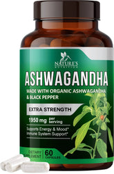 Organic Ashwagandha 1,950 Mg - Extra Strength Unwind, Calm & Relax Support with Bioperine - Natural Focus & Energy Support Supplement - Nature&